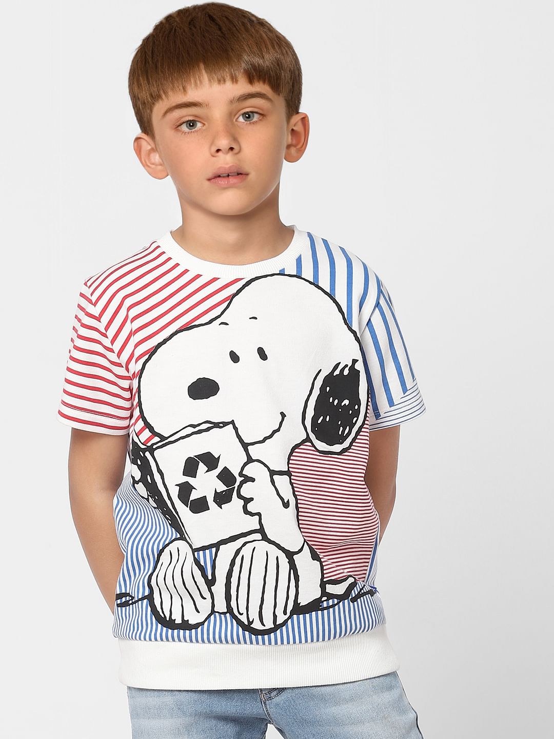 Boys X PEANUTS White Striped Graphic Print Crew Neck T-shirt
