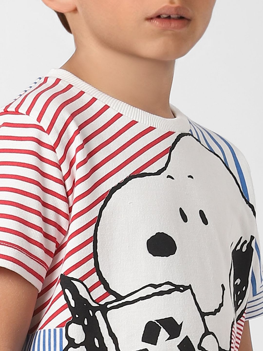 Boys X PEANUTS White Striped Graphic Print Crew Neck T-shirt