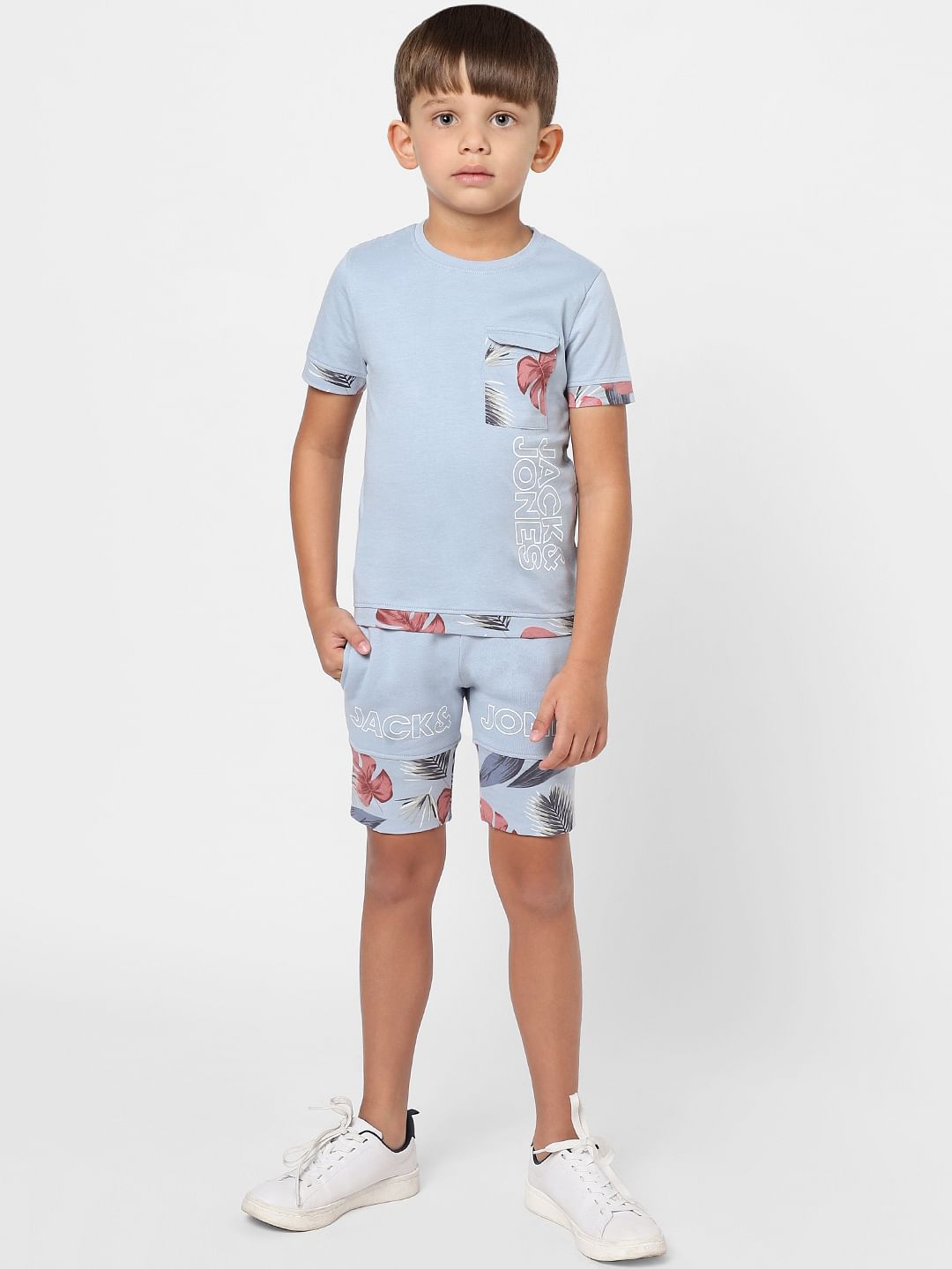 Boys Blue Floral Tipping Logo Print Crew Neck T-shirt