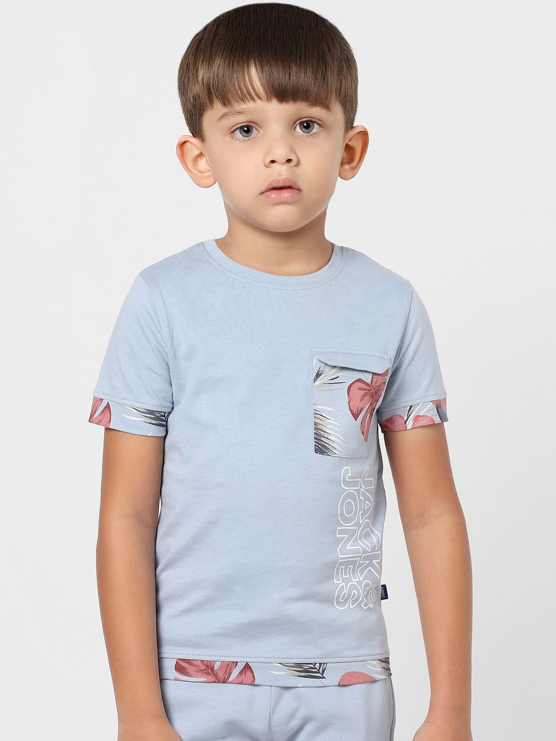 Boys Blue Floral Tipping Logo Print Crew Neck T-shirt