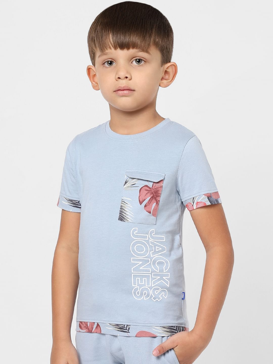 Boys Blue Floral Tipping Logo Print Crew Neck T-shirt