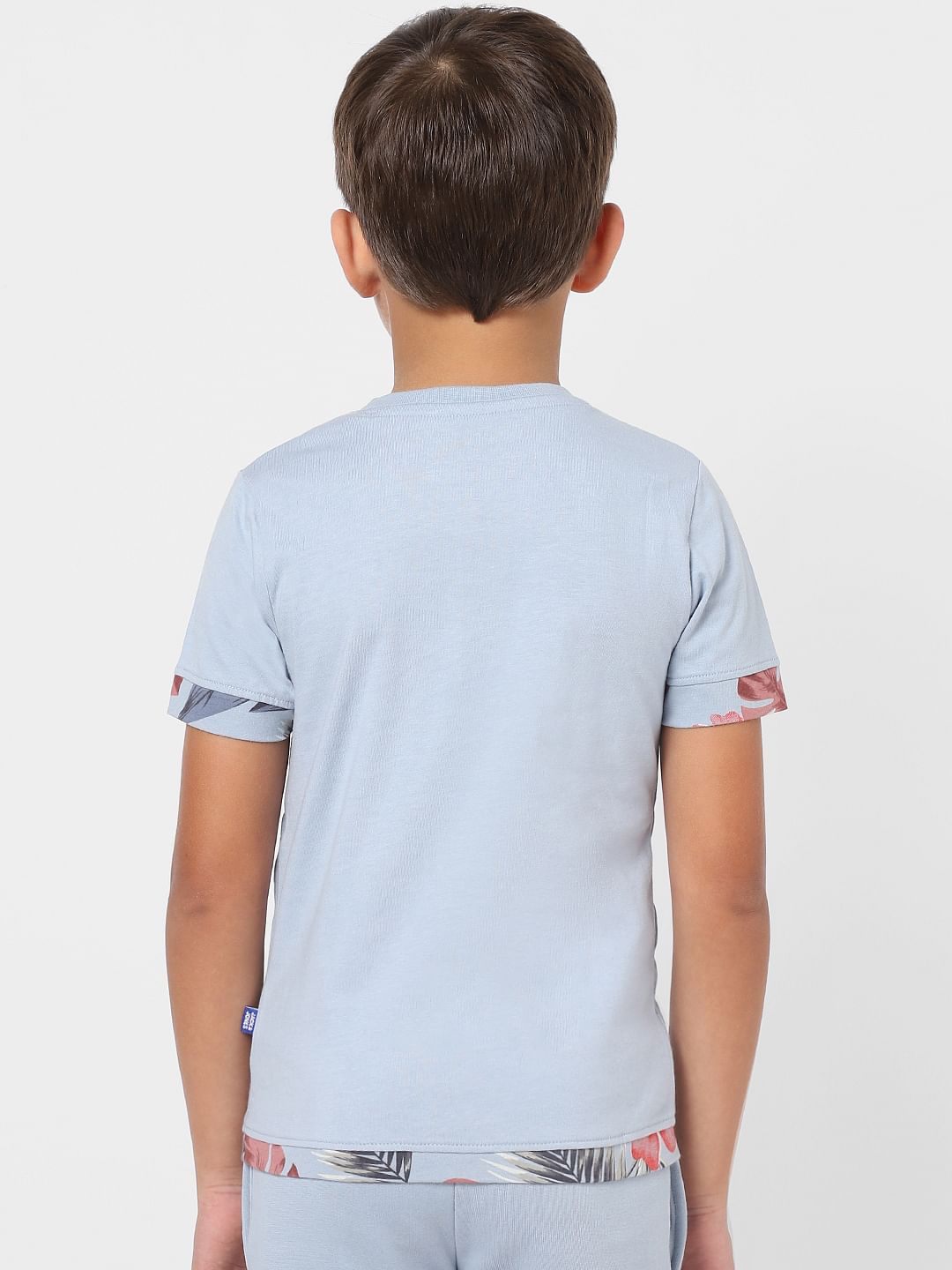 Boys Blue Floral Tipping Logo Print Crew Neck T-shirt