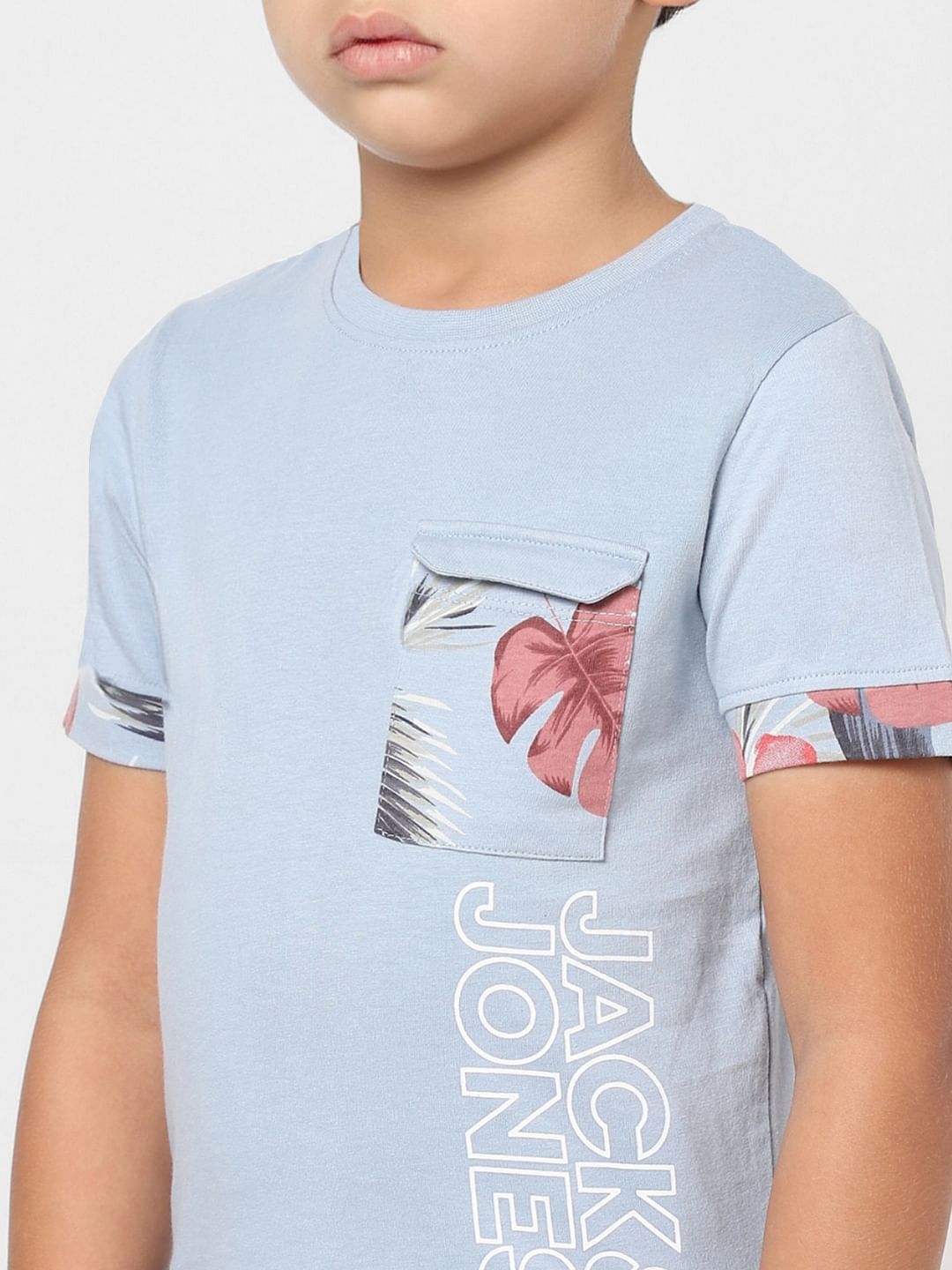 Boys Blue Floral Tipping Logo Print Crew Neck T-shirt