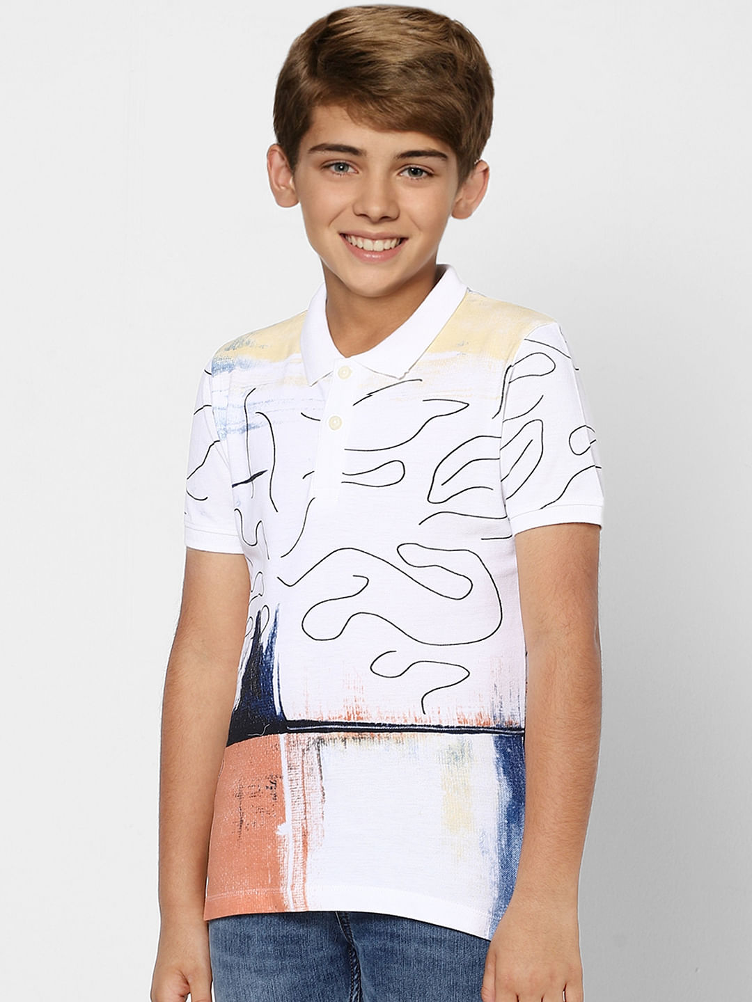 Boys White Abstract Print Polo Neck T-shirt