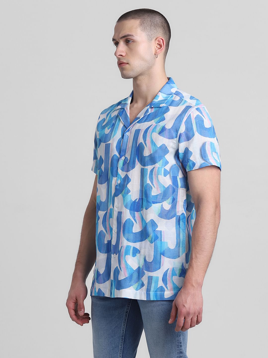 Blue Printed Short Sleeves Shirt