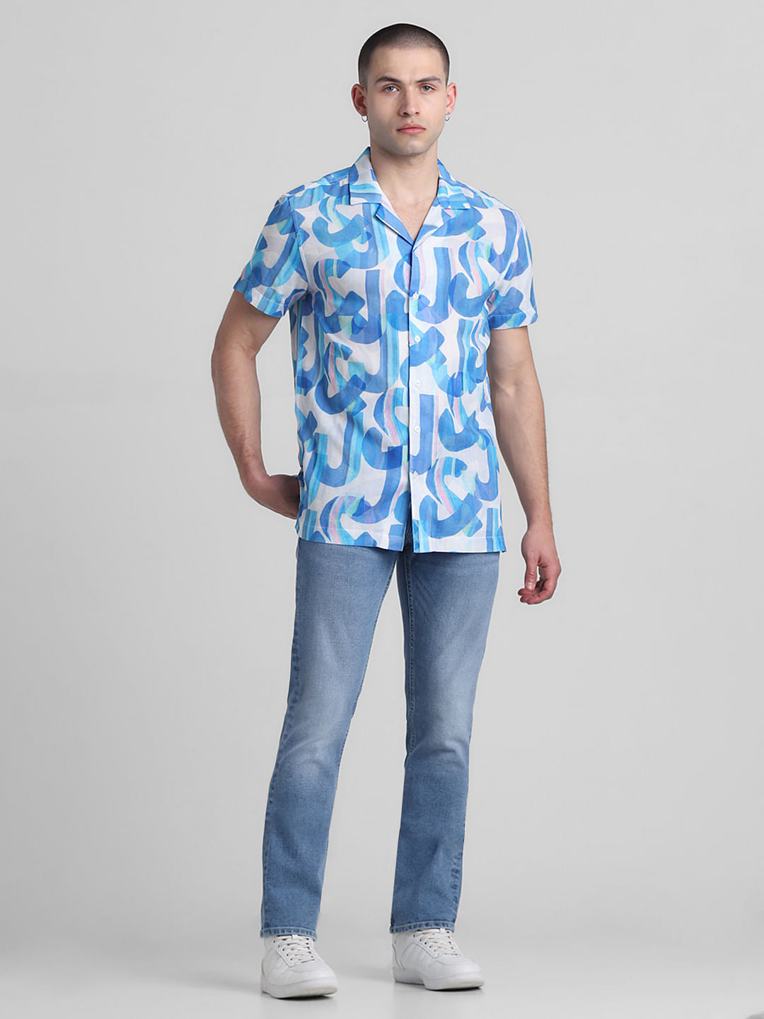 Blue Printed Short Sleeves Shirt
