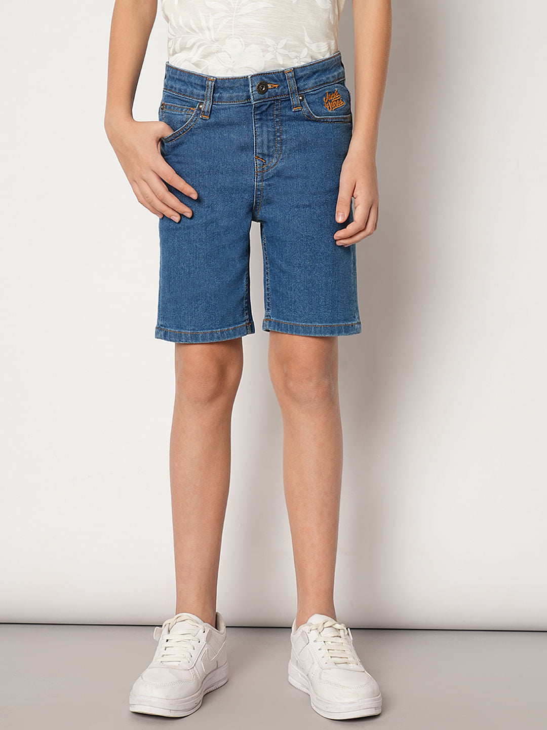 Blue Mid Rise Denim Shorts