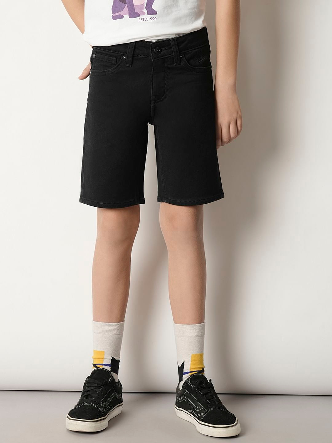 Boys Black Cotton Denim Shorts