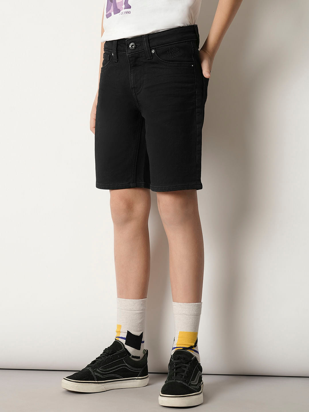 Boys Black Cotton Denim Shorts