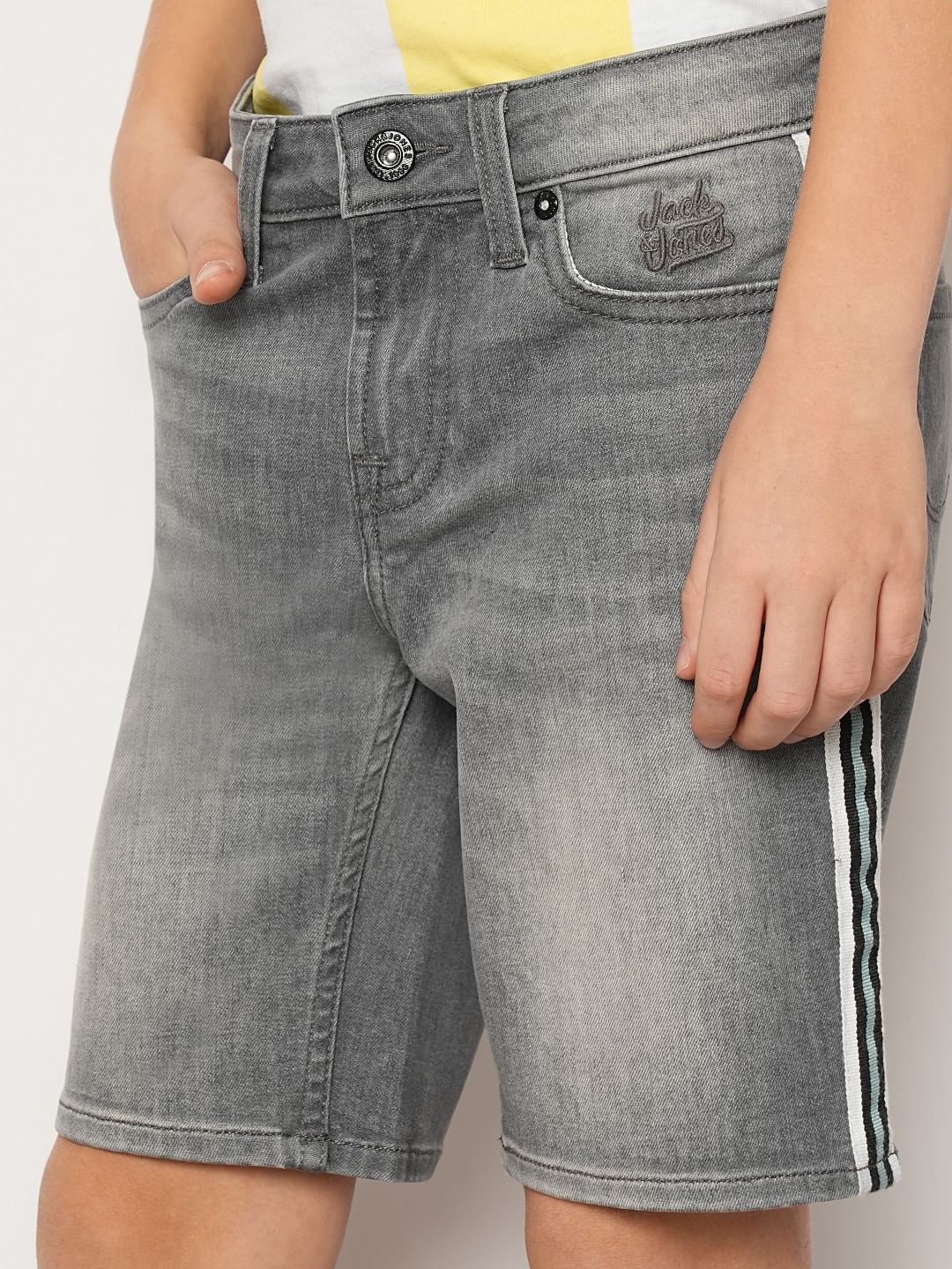 Grey Mid Rise Denim Shorts