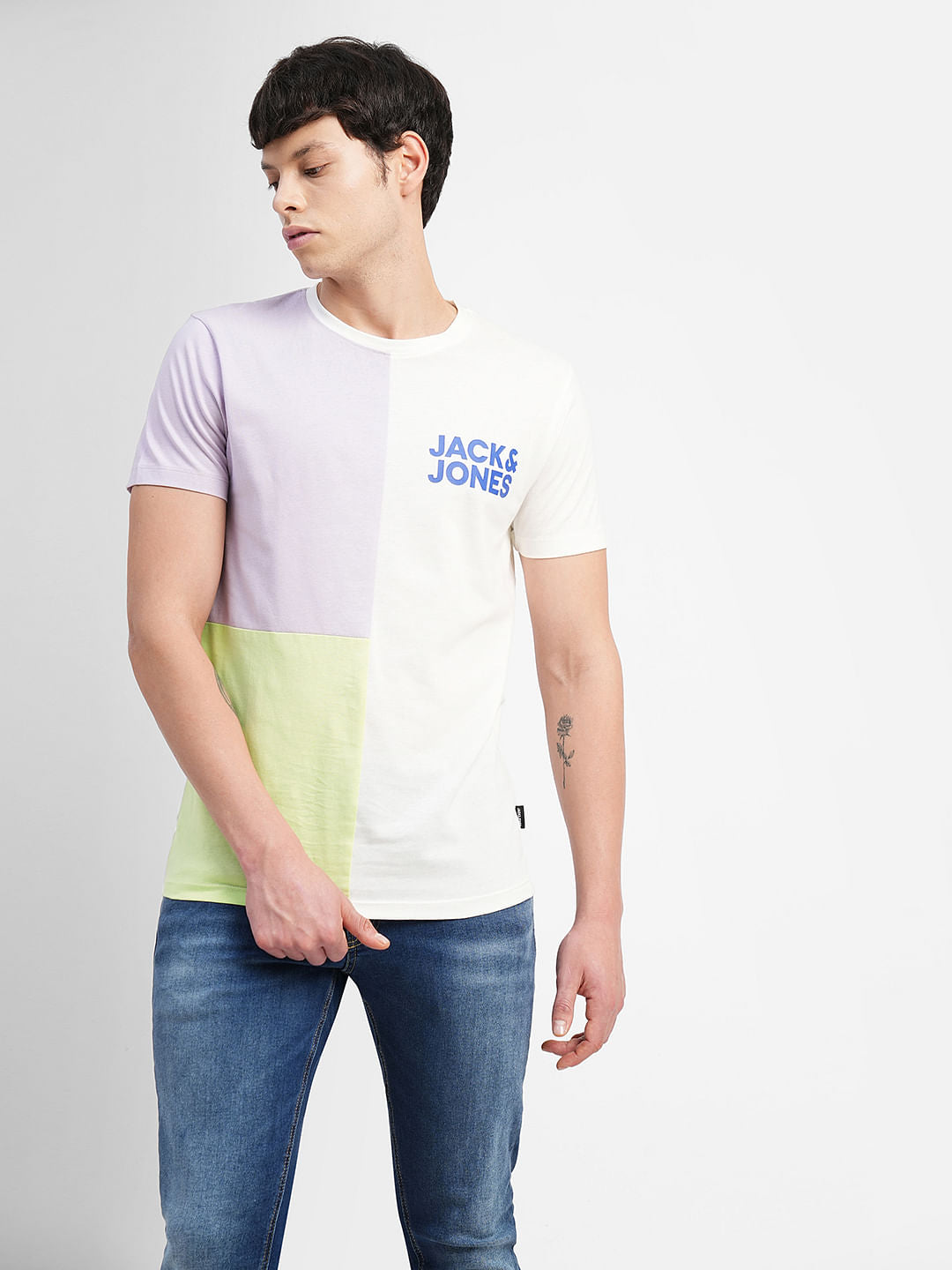 White Colourblocked Crew Neck T-shirt