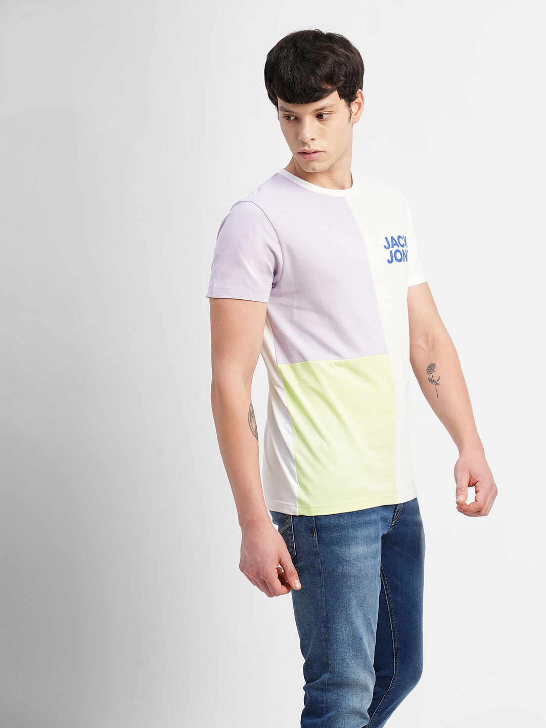 White Colourblocked Crew Neck T-shirt