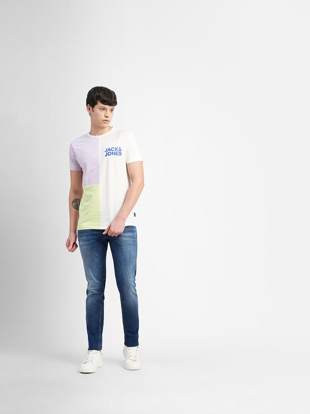 White Colourblocked Crew Neck T-shirt