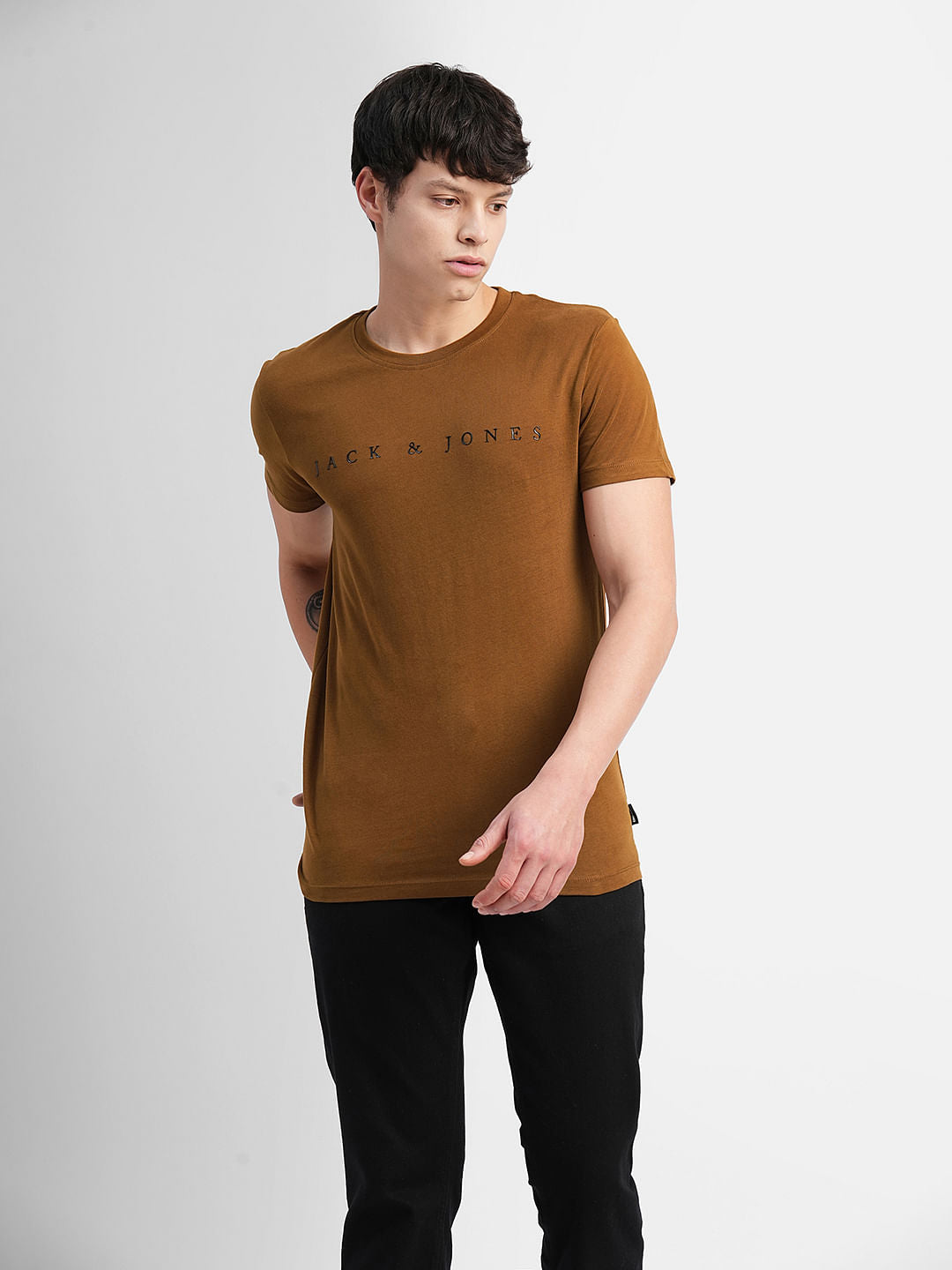Brown Logo Text Print Crew Neck T-shirt
