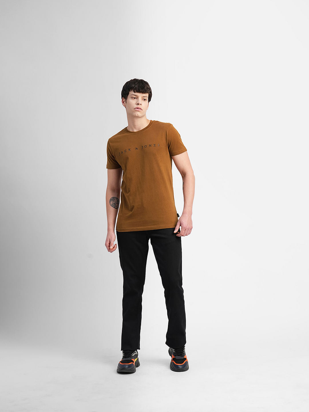 Brown Logo Text Print Crew Neck T-shirt