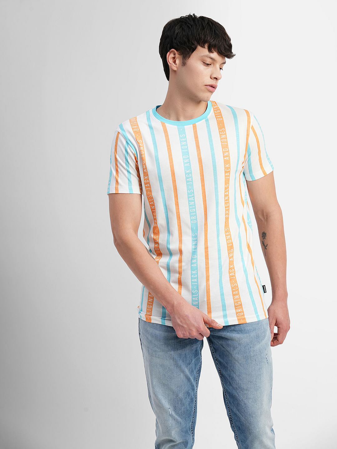 Brown Striped Crew Neck T-shirt
