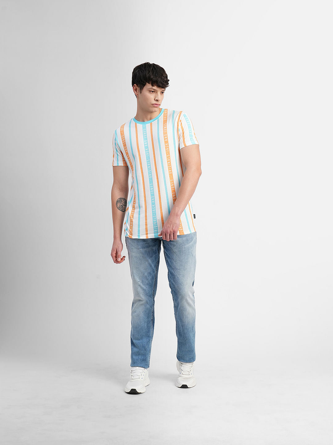 Brown Striped Crew Neck T-shirt