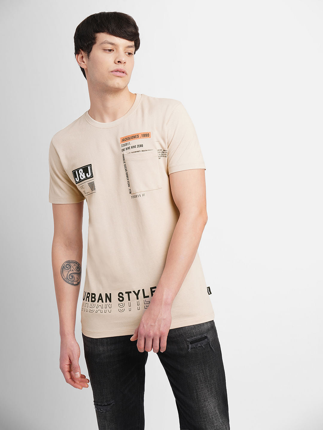 Beige Logo Print Crew Neck T-shirt