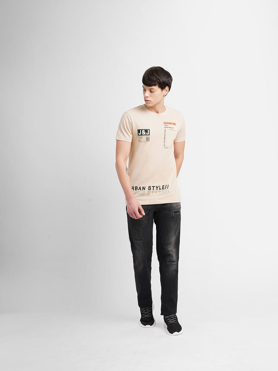 Beige Logo Print Crew Neck T-shirt