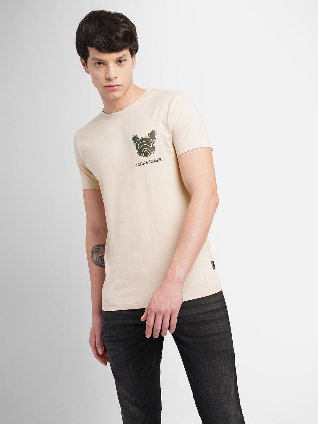 Beige Logo Print Crew Neck T-shirt