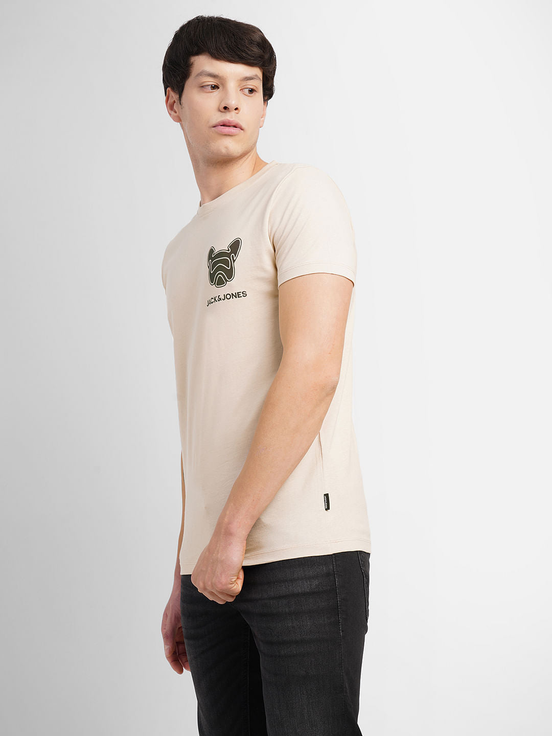 Beige Logo Print Crew Neck T-shirt