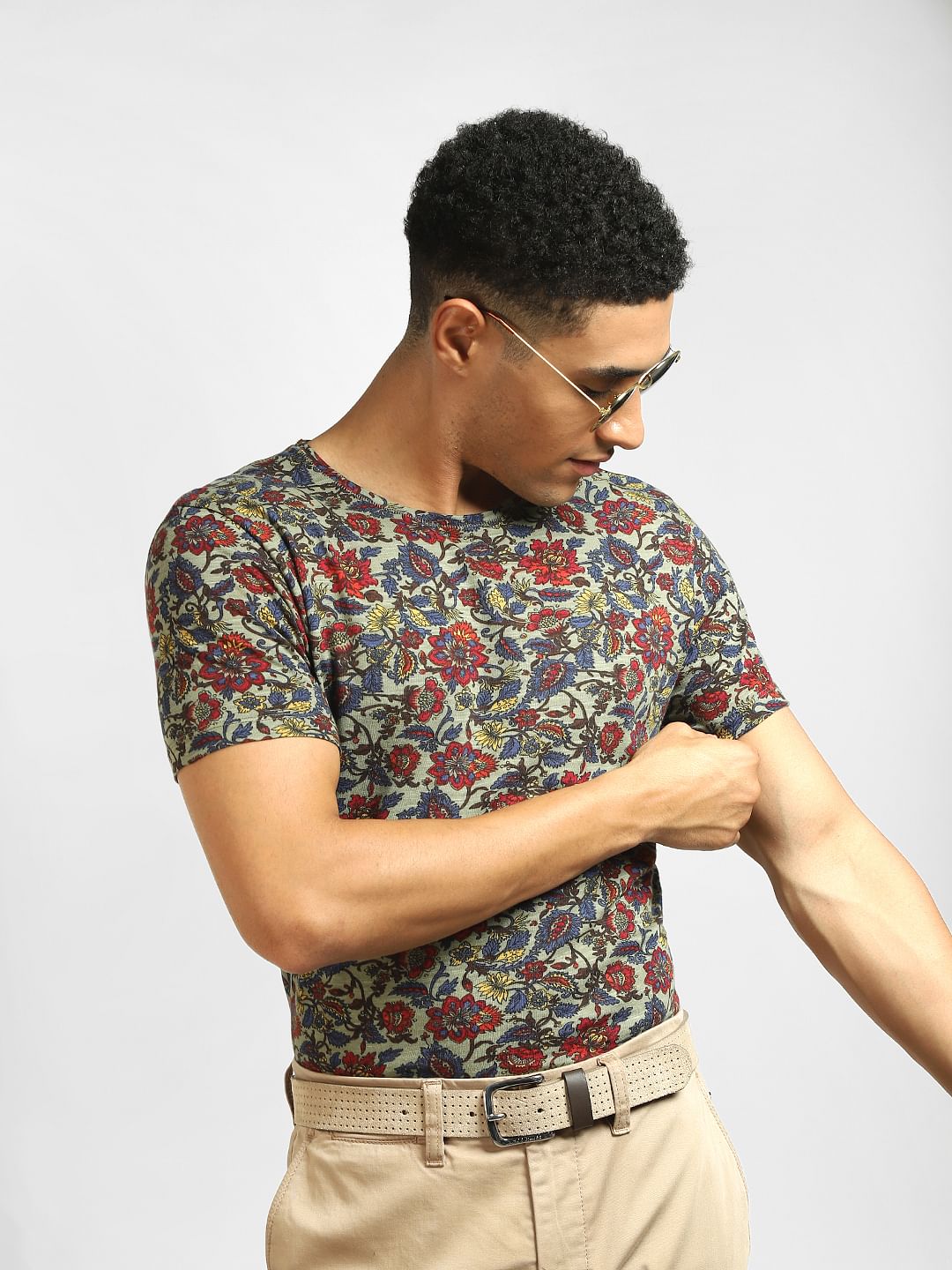 Green Floral Print Crew Neck T-shirt