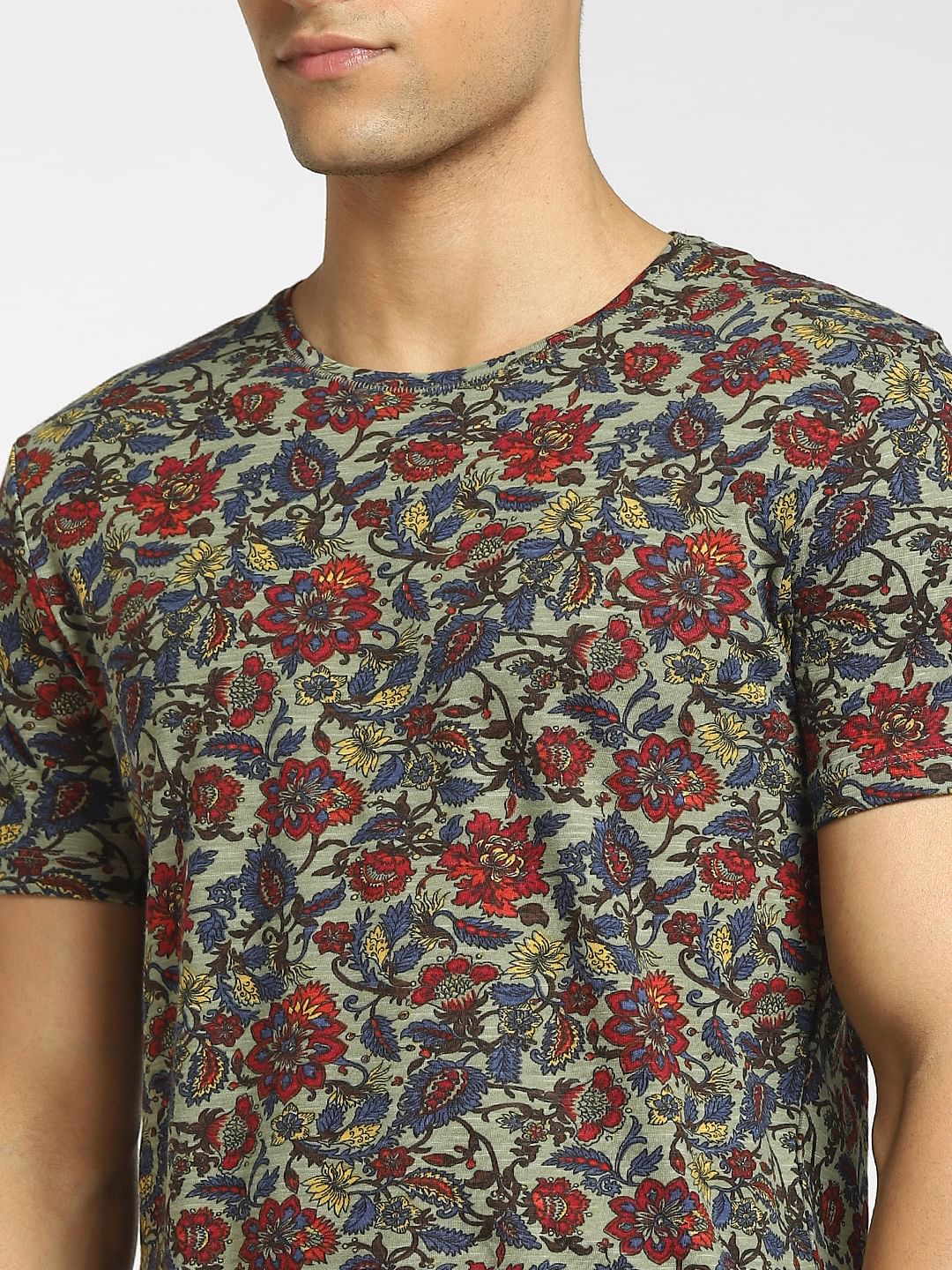 Green Floral Print Crew Neck T-shirt