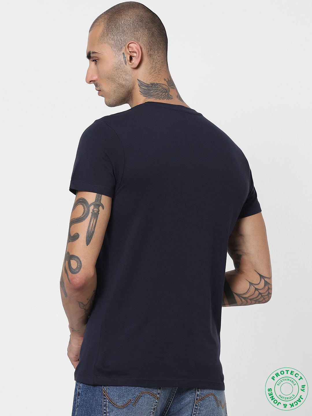 Navy Blue Logo Print Crew Neck T-shirt