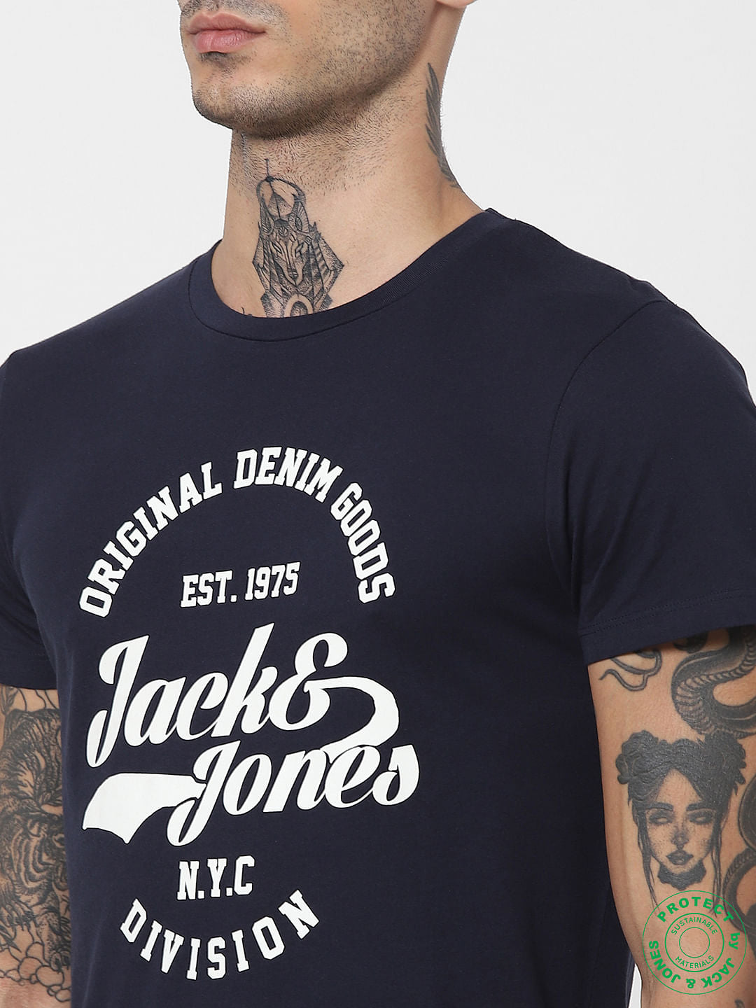 Navy Blue Logo Print Crew Neck T-shirt