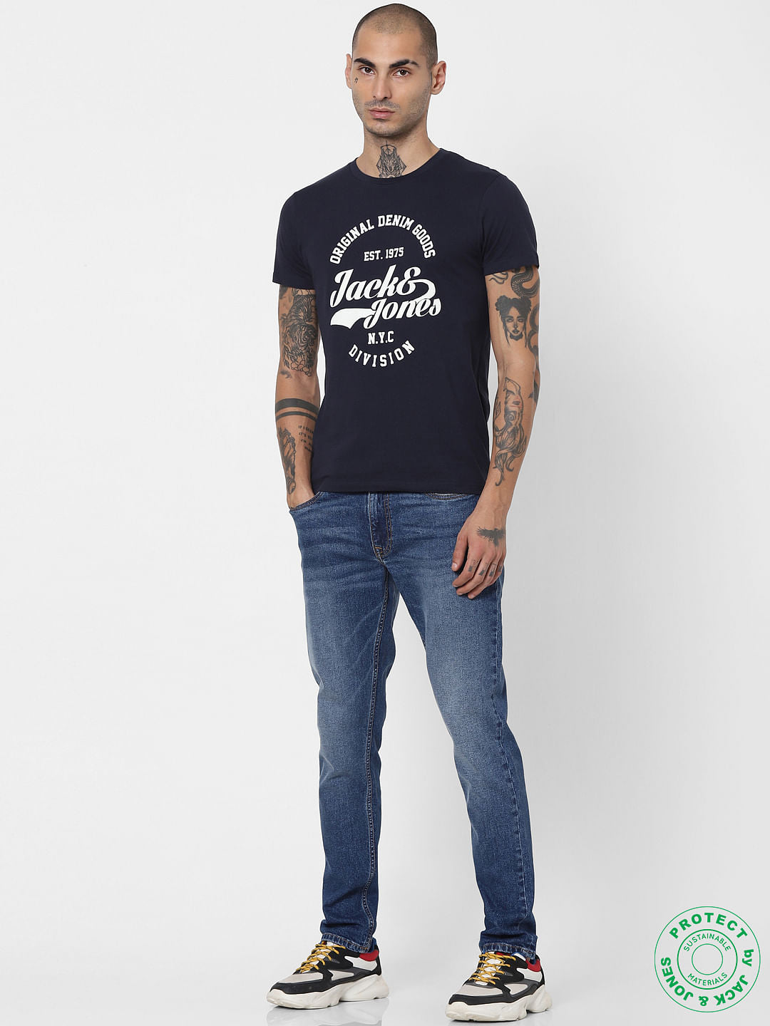 Navy Blue Logo Print Crew Neck T-shirt