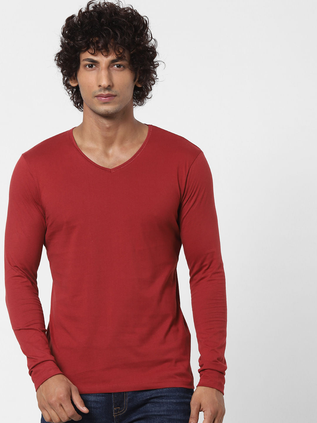 Red V Neck Full Sleeves T-shirt