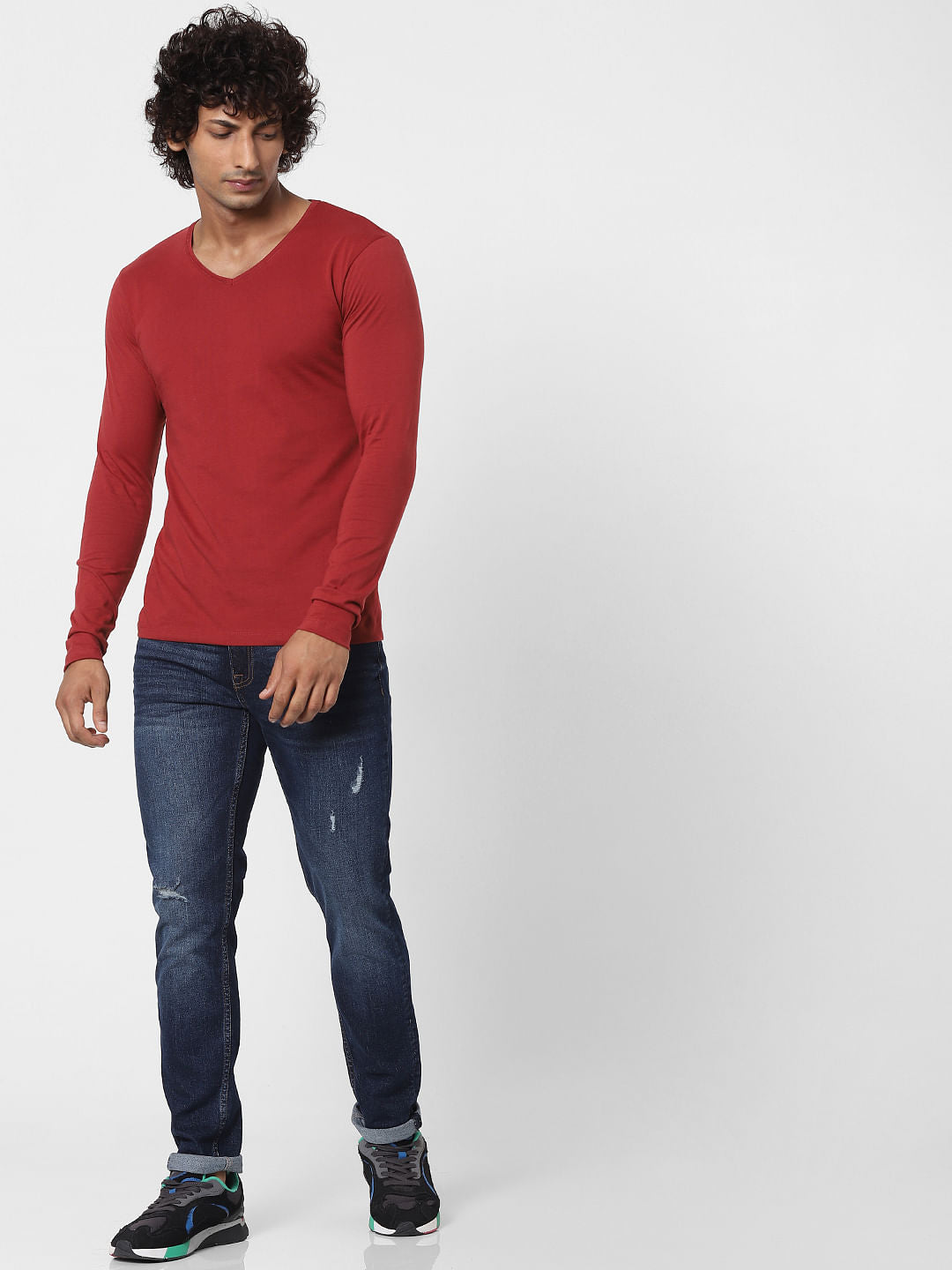 Red V Neck Full Sleeves T-shirt