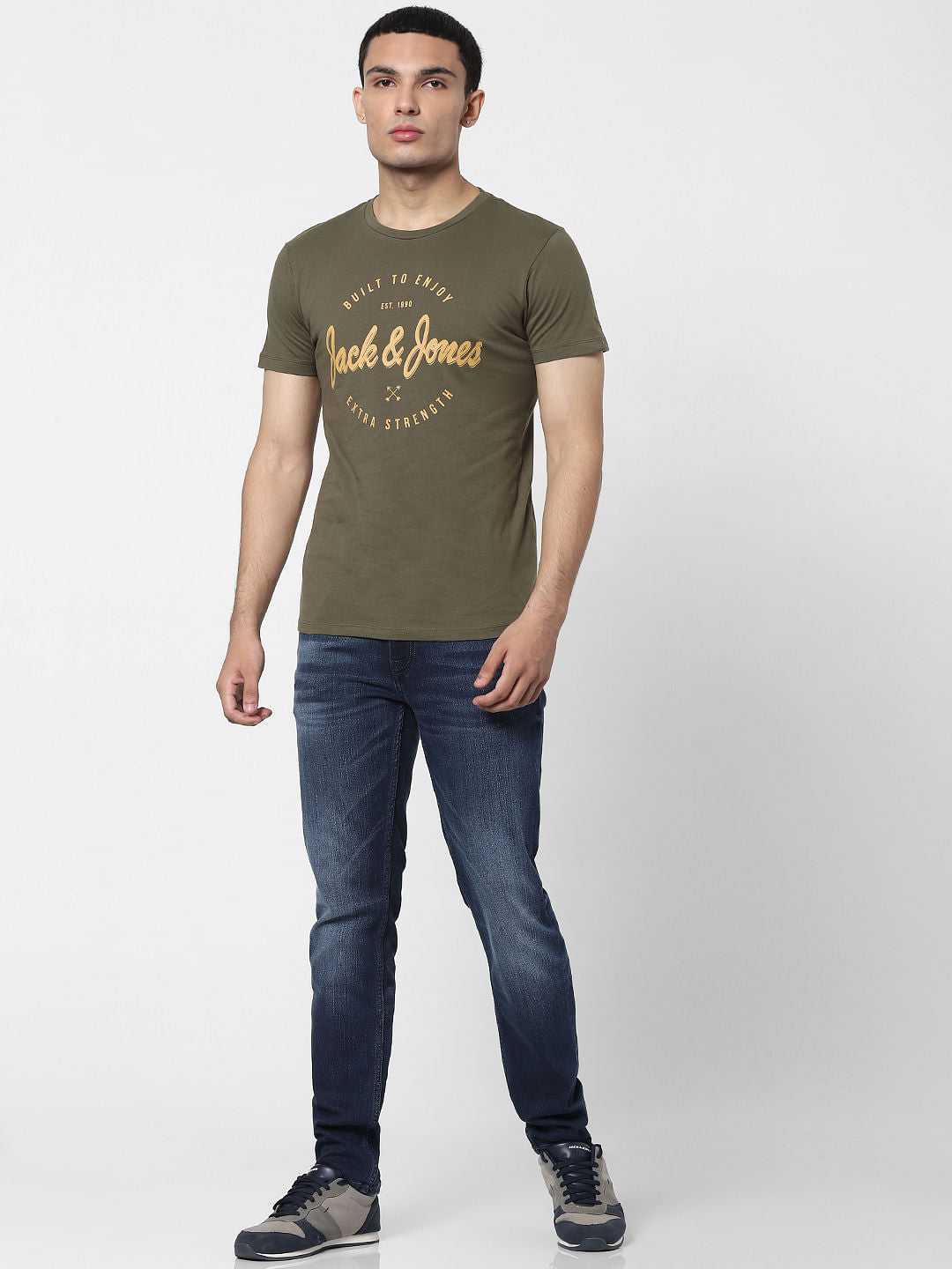 Olive Green Logo Print Crew Neck T-shirt