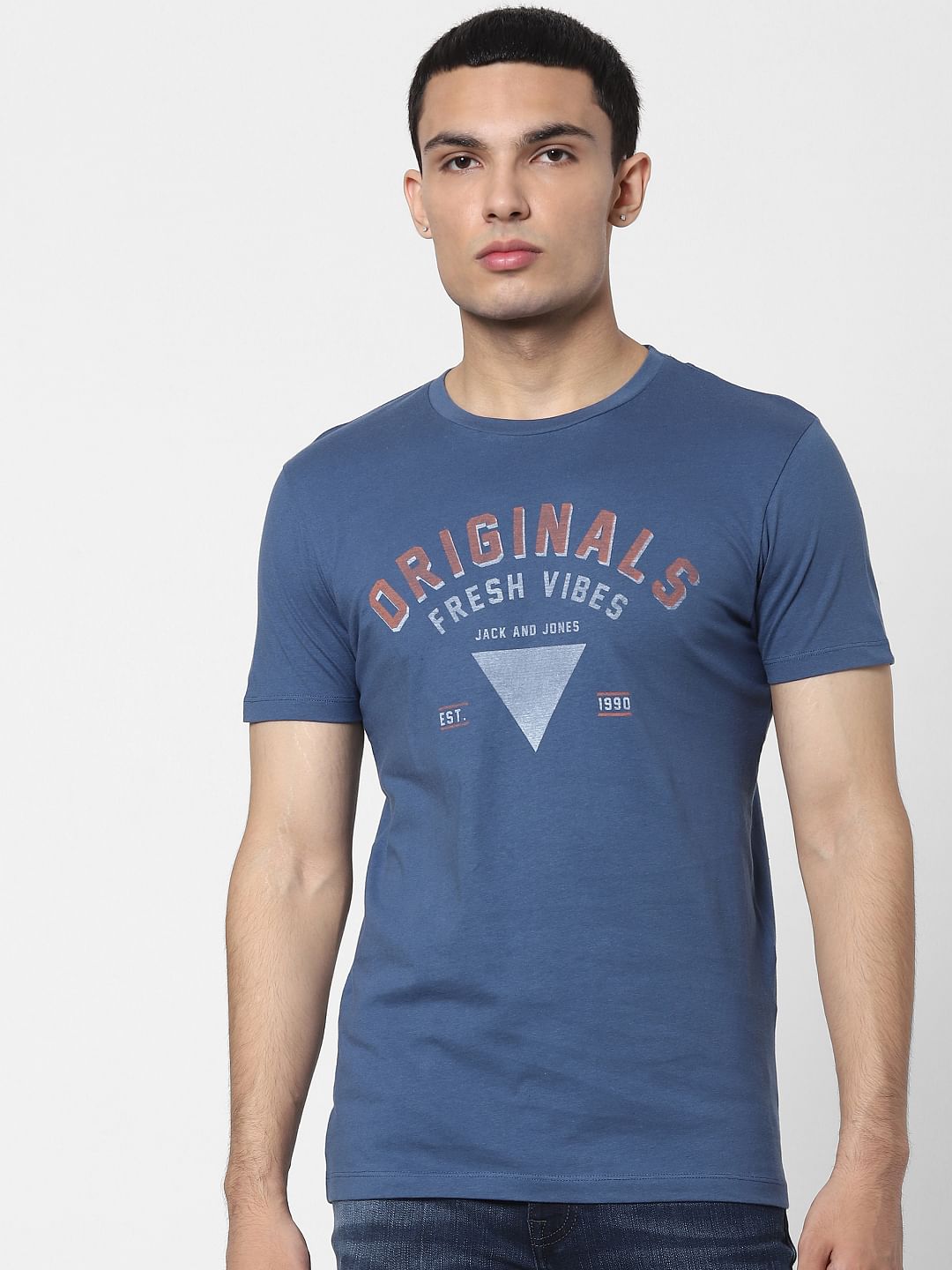 Blue Text Print Crew Neck T-shirt