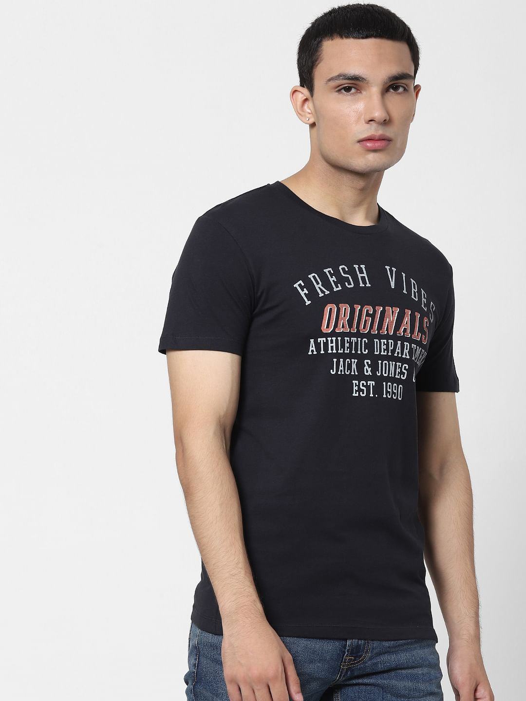 Black Text Print Crew Neck T-shirt