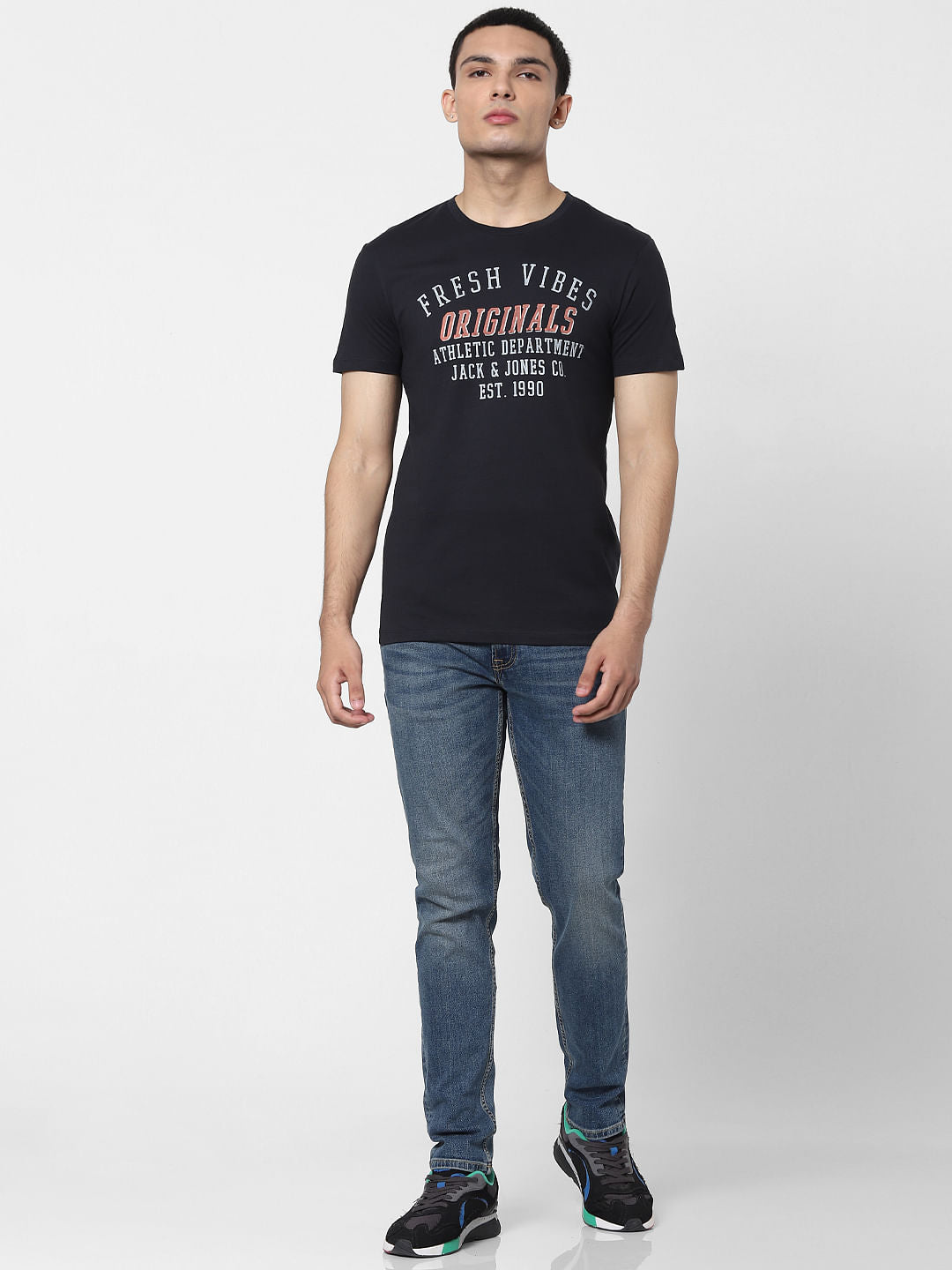 Black Text Print Crew Neck T-shirt