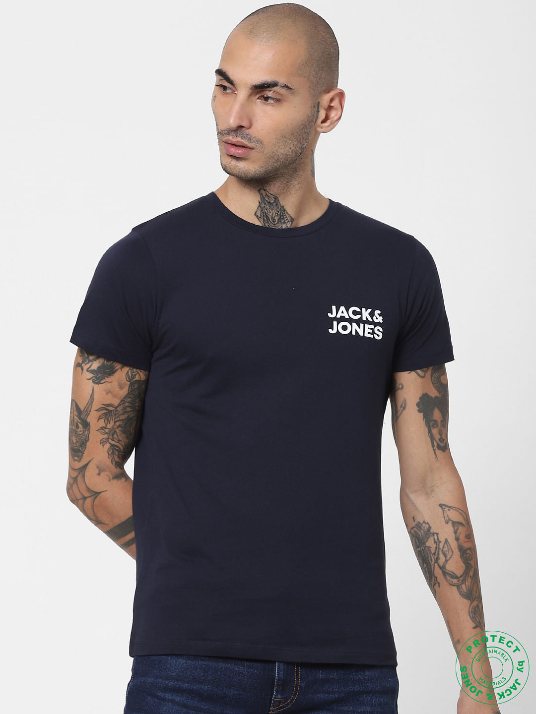 Navy Blue Logo Print Crew Neck T-shirt