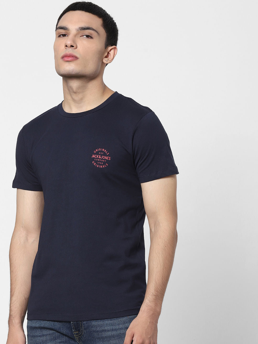 Navy Blue Logo Print Crew Neck T-shirt
