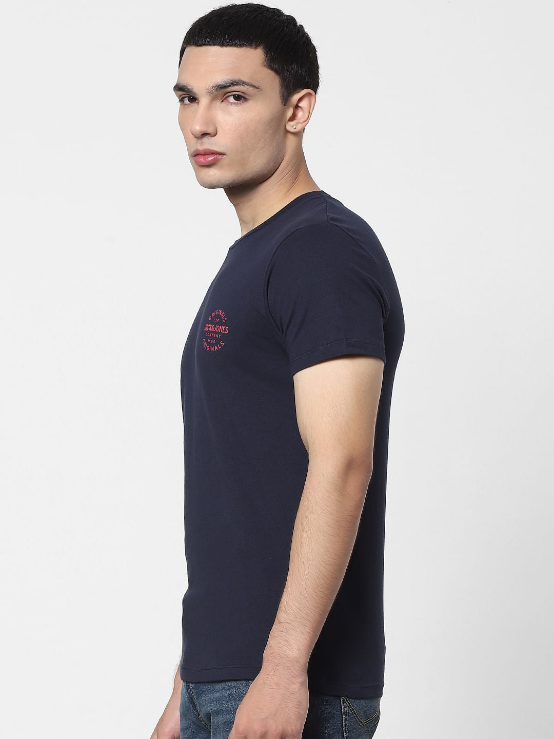 Navy Blue Logo Print Crew Neck T-shirt