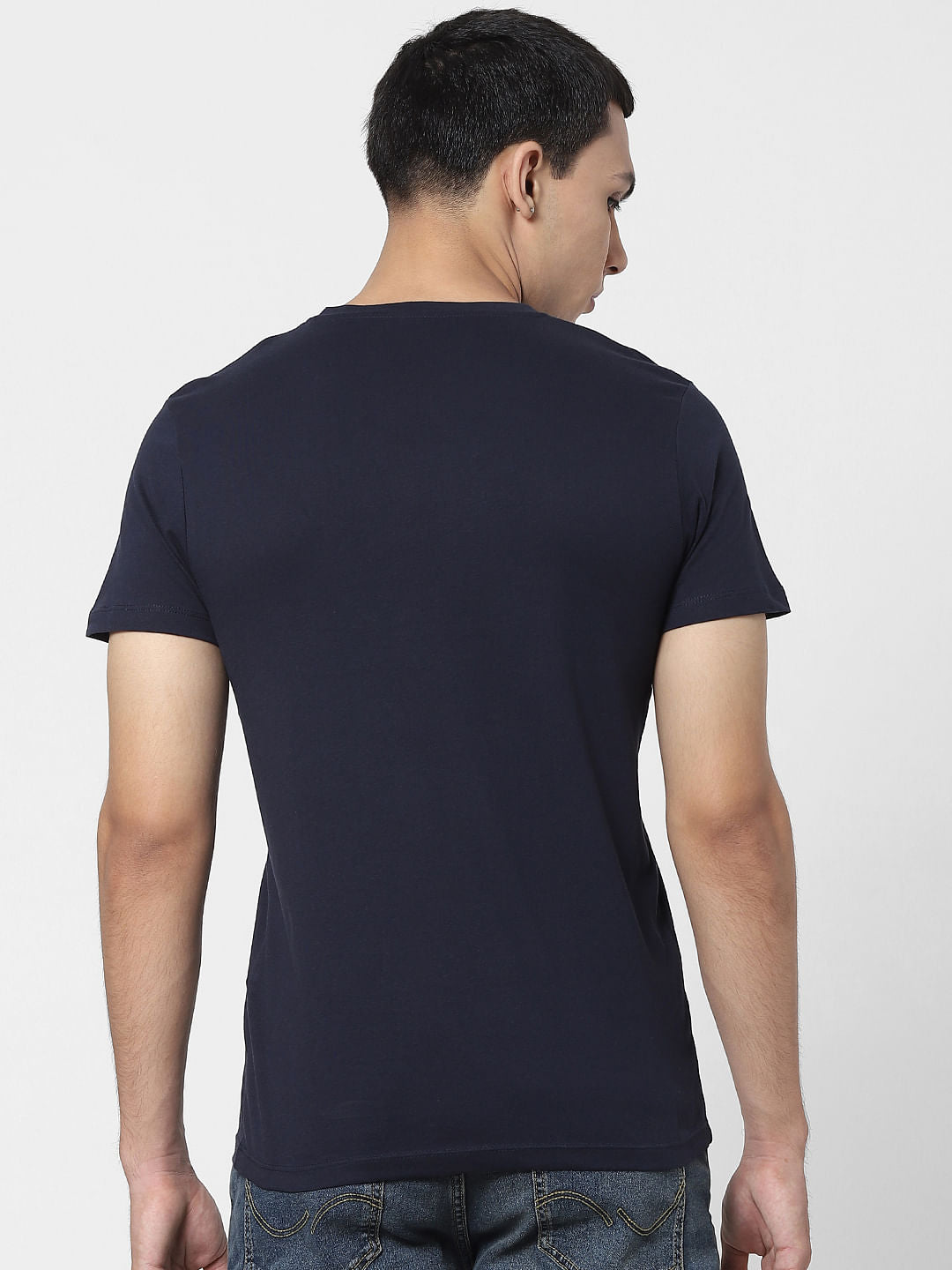 Navy Blue Logo Print Crew Neck T-shirt