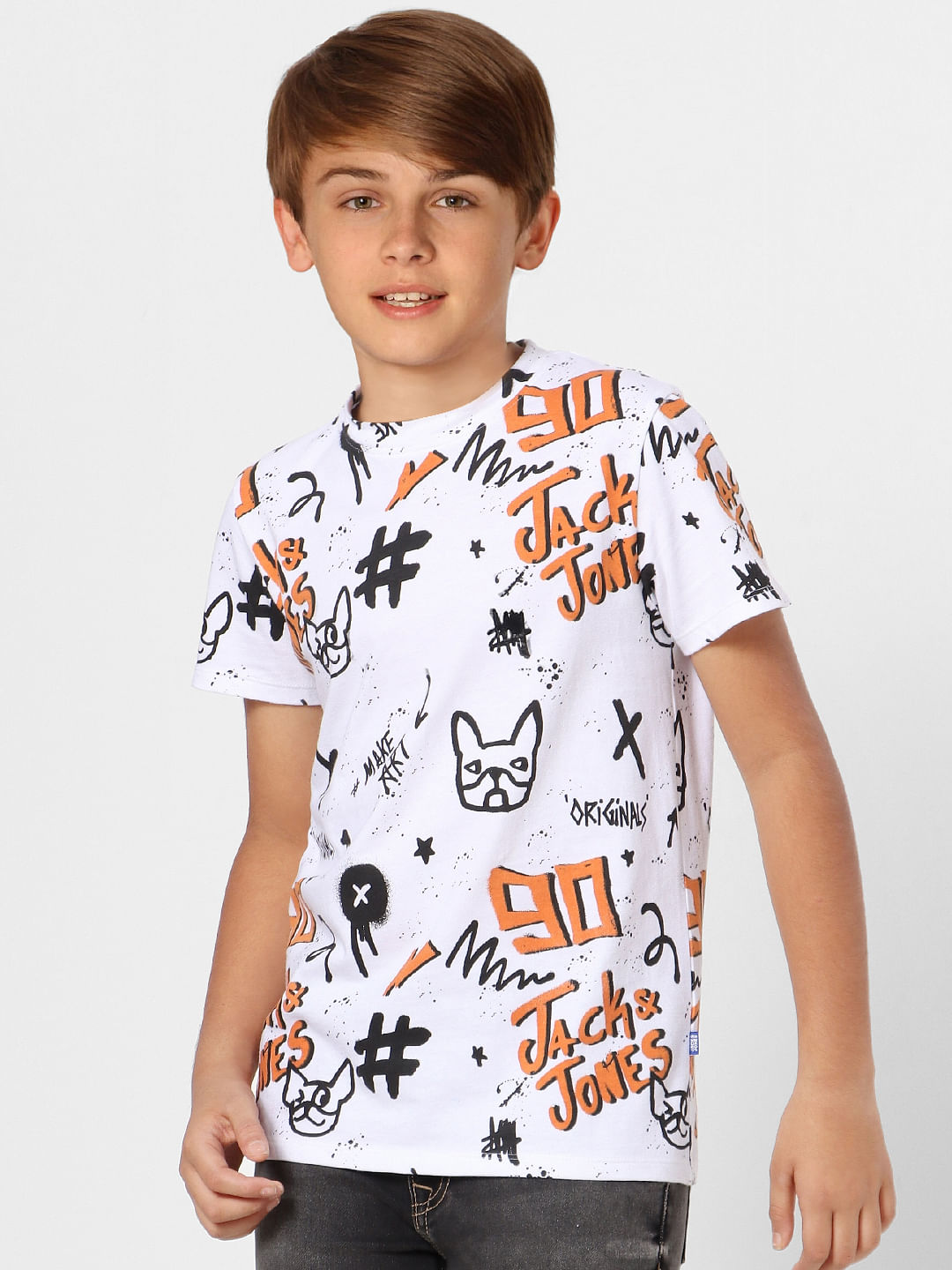Boys White Graphic Print Crew Neck T-shirt