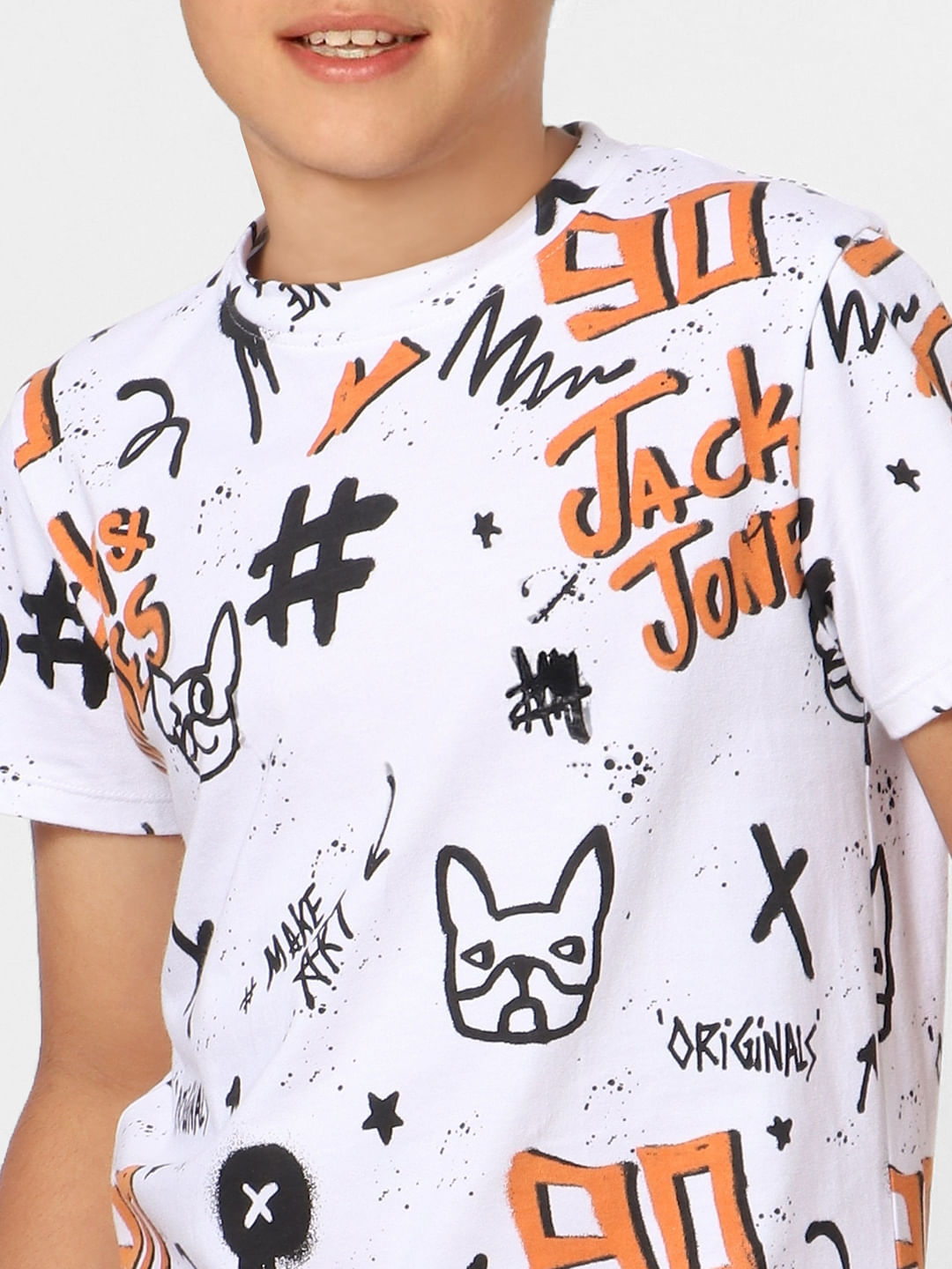 Boys White Graphic Print Crew Neck T-shirt