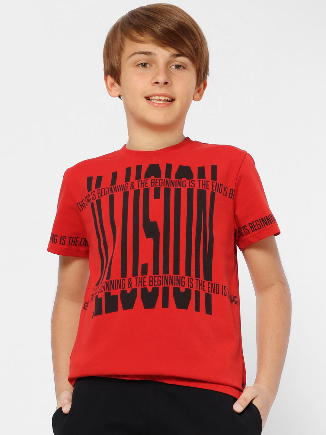 Boys Red Graphic Print Crew Neck T-shirt