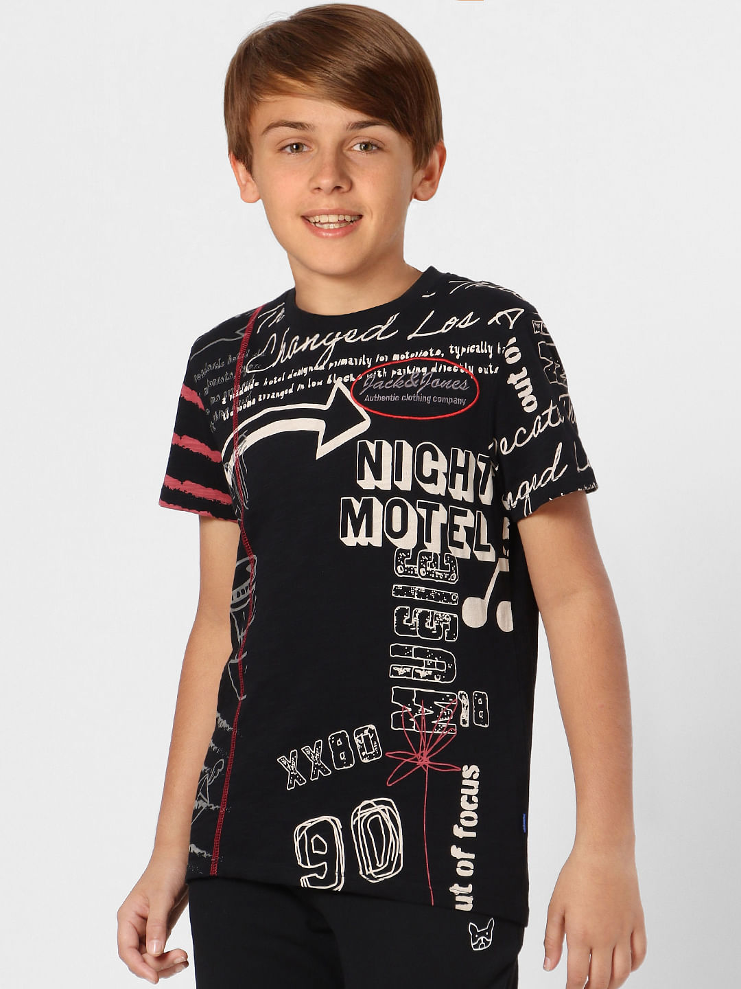 Boys Black Graphic Print Crew Neck T-shirt