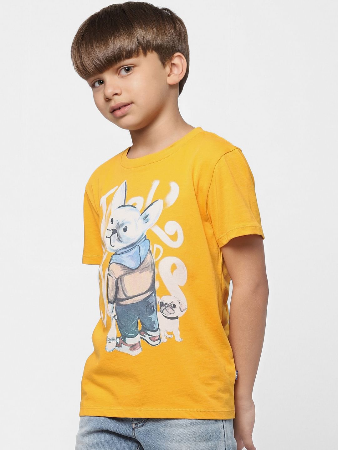 Boys Yellow Graphic Print Crew Neck T-shirt