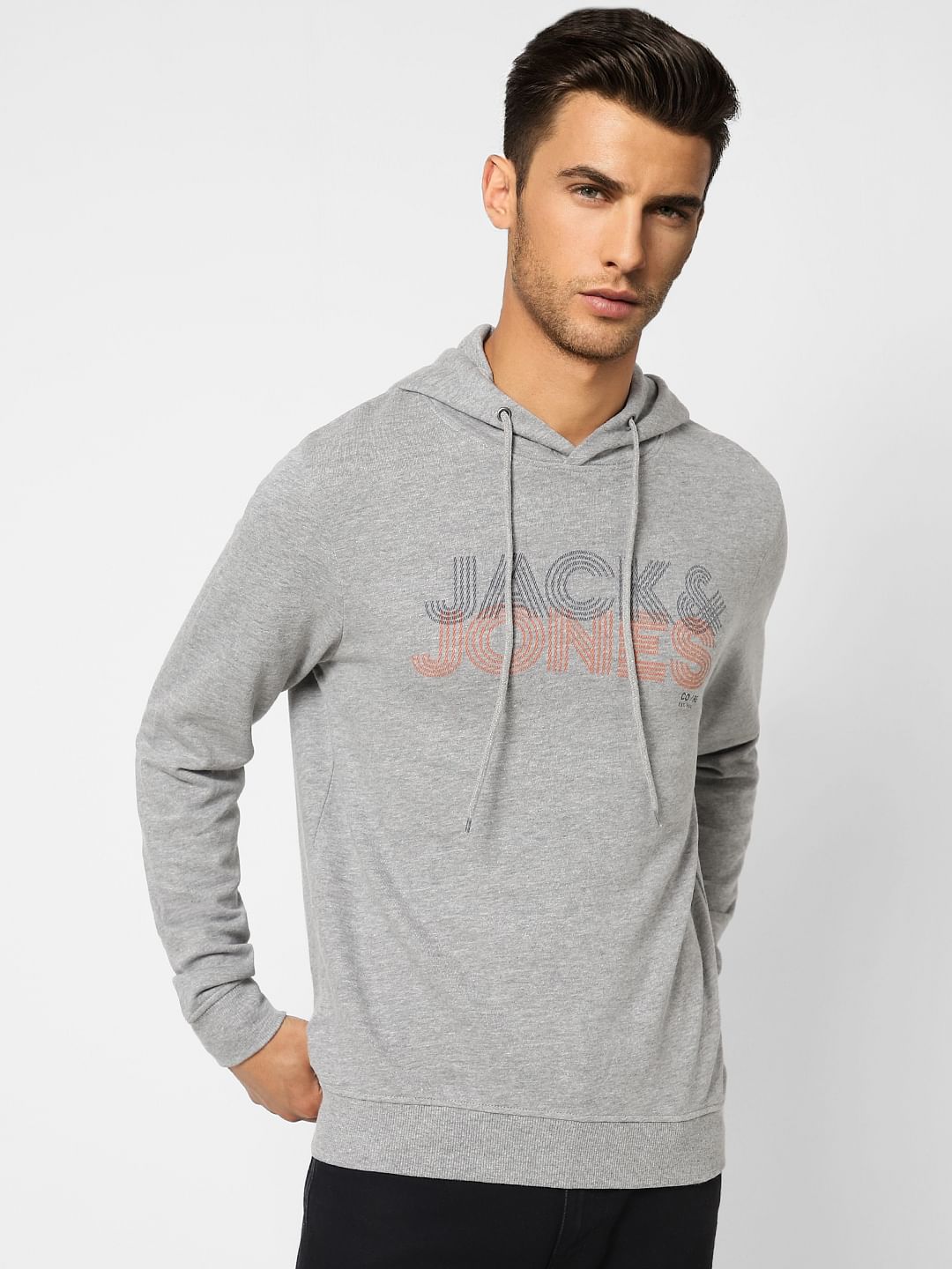 Grey Logo Print Hooded Sweatshirt
