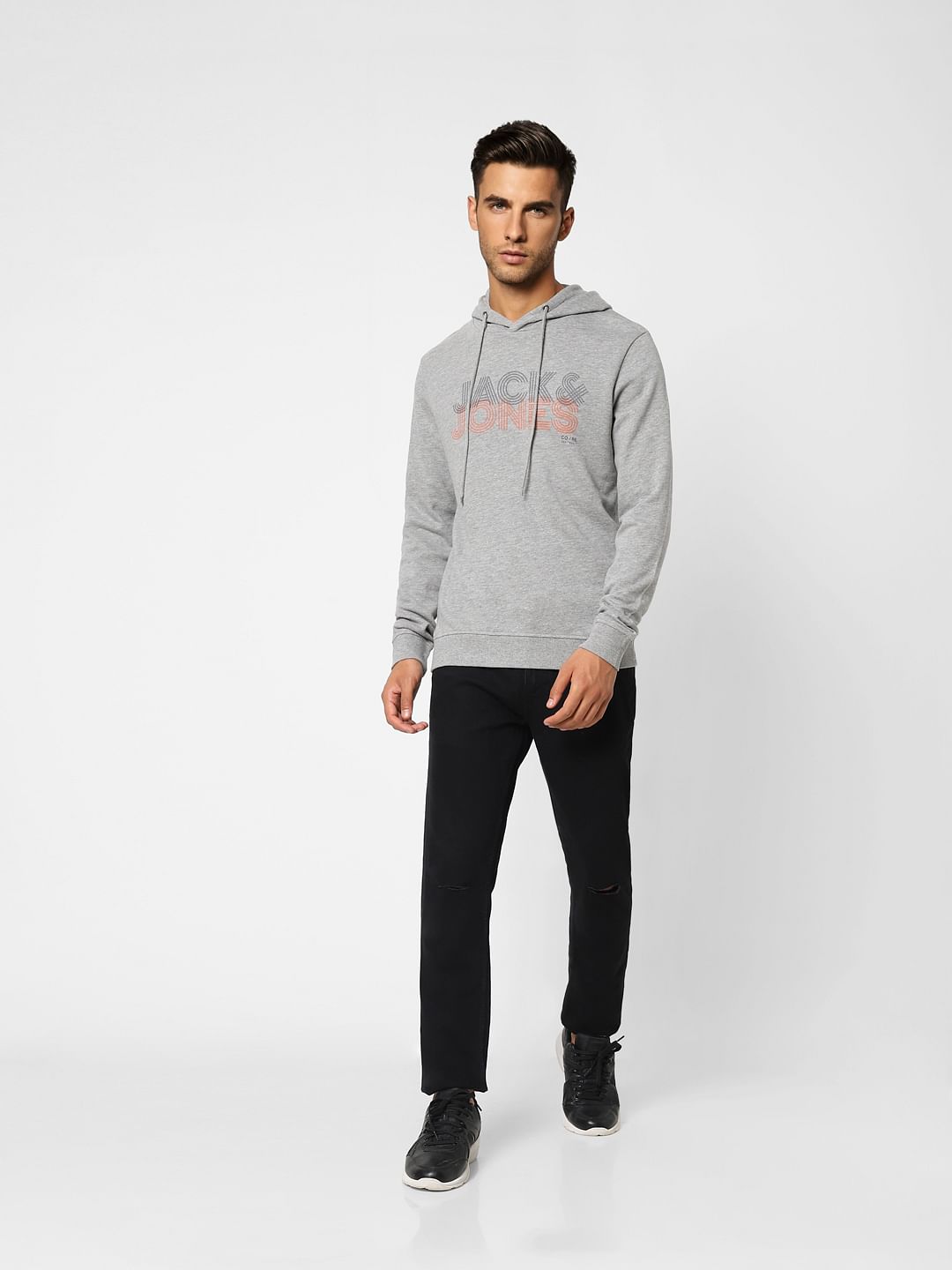 Grey Logo Print Hooded Sweatshirt
