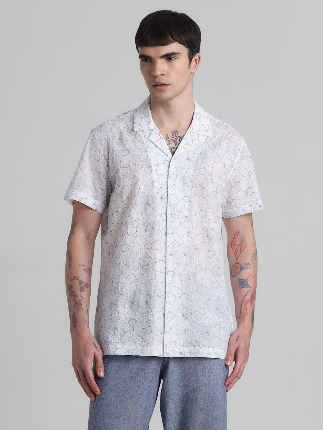 White Floral Cotton Short Sleeves Shirt