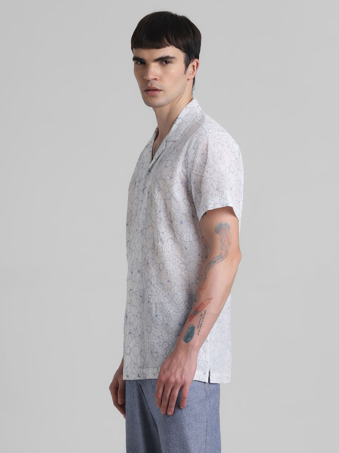 White Floral Cotton Short Sleeves Shirt