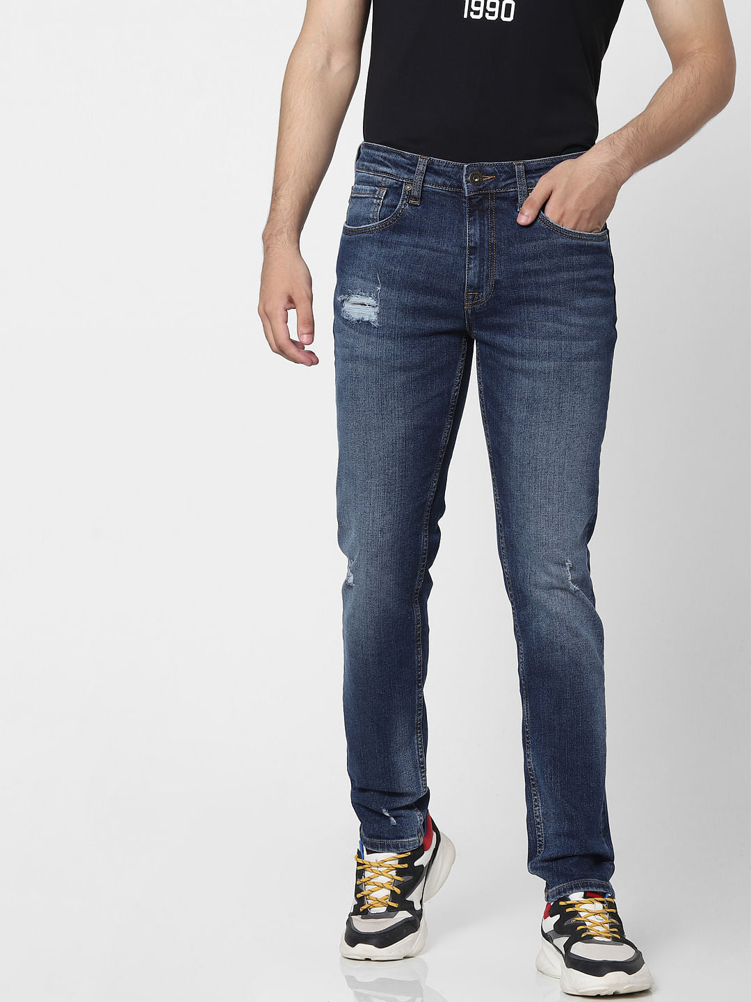 Blue Low Rise Glenn Distressed Slim Fit Jeans